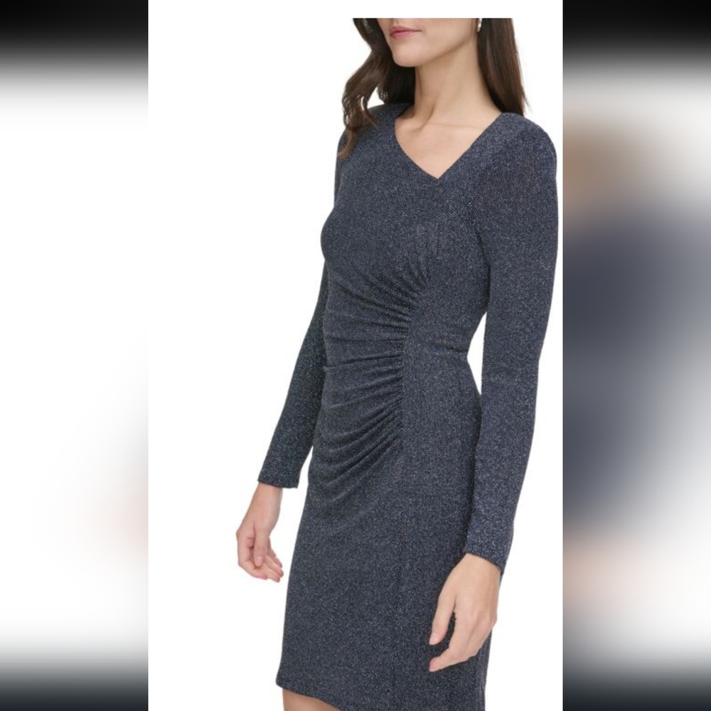Vince Camuto Blue Metallic Long Sleeve Gathered/Ruched Gown Women's Size 12 NWT - Picture 3 of 9